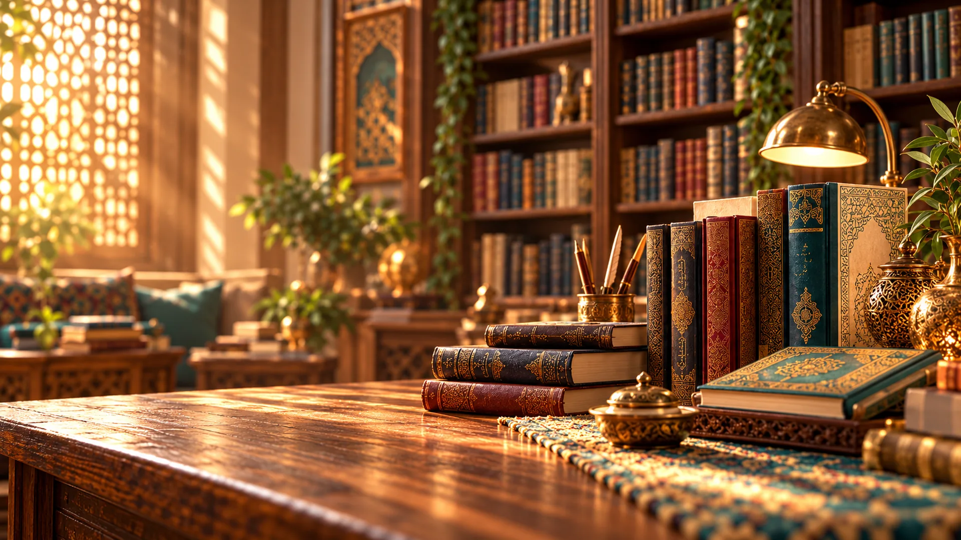 طاولة كتب وإضاءة دافئة داخل مكتبة أنيقة
