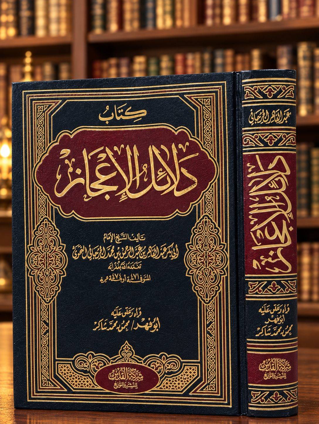 Ornate Arabic Book in a Warm Library دلائل الإعجاز - عبدالقاهر الجرجاني - الصورة 1