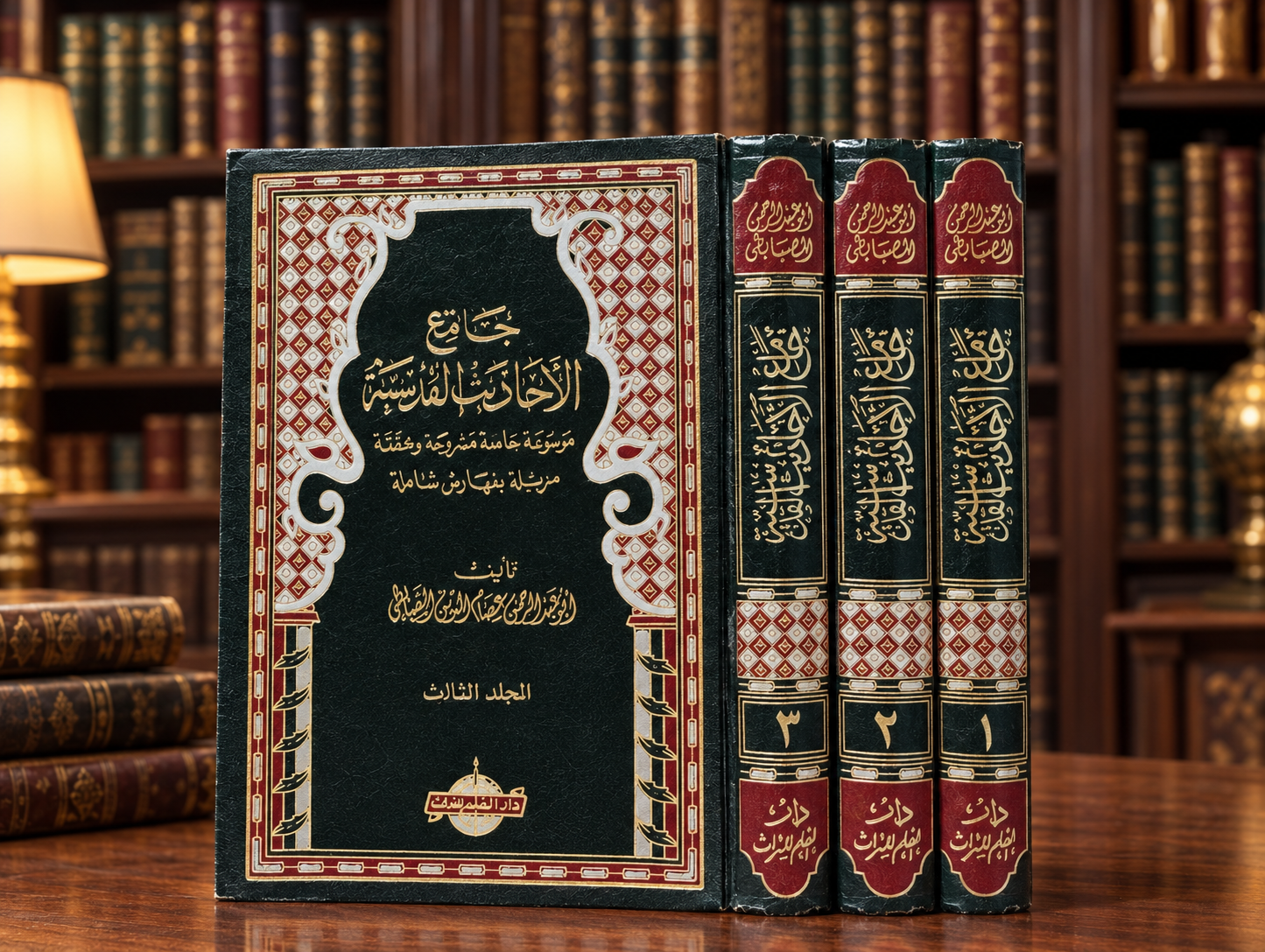 Ornate Arabic Books in a Warm Library جامع الأحاديث القدسية - ابو عبدالرحمن عصام الصبابطي - الصورة 1